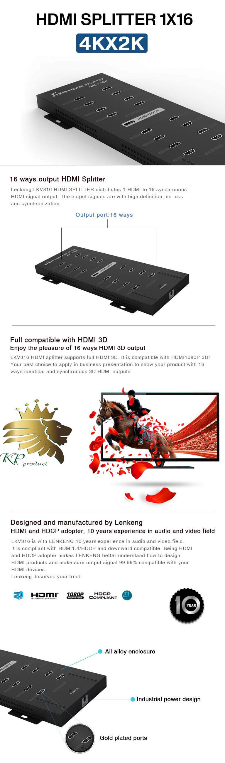 HDMI LKV316A 4K x 2K wall-mountable HDMI splitter 1x16 with full 3D and real 4Kx2K