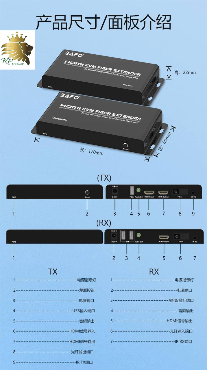 کی وی ام سوییچ بافو یک در 2 بر بستر کابل فیبر نوری با برد 20 کیلومتر | HDMI KVM Extender Over Single Fiber with IR 20KM